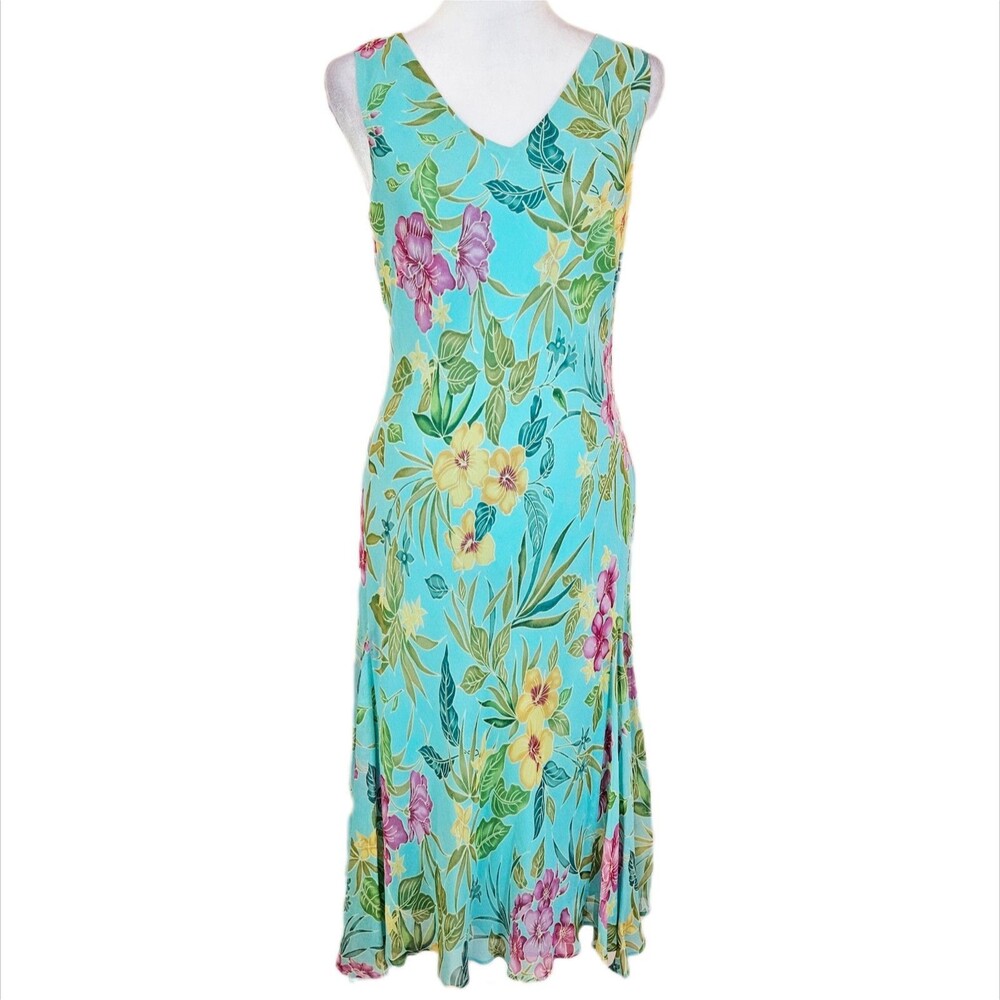 Chadwicks Silk Tropical Midi Dress Women's 10P Slip 90s Sheer Overlay Summer Y2K